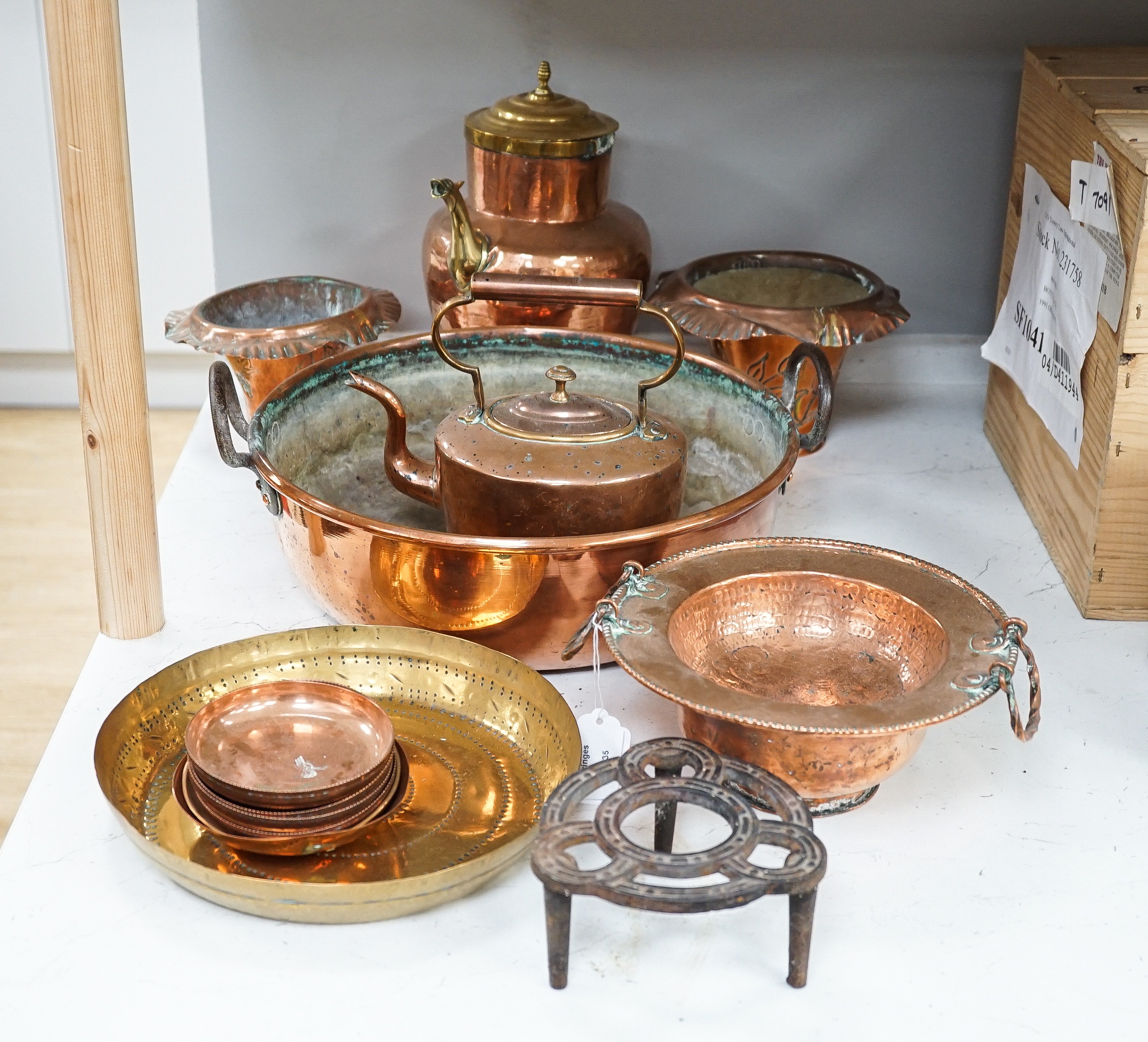 Mixed copper wares including teapot, preserve pan etc.